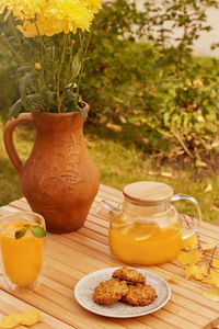 Aesthetic healthy tea cup of sea buckthorn tea, pumpkin cookies. organic increased immunity  tea