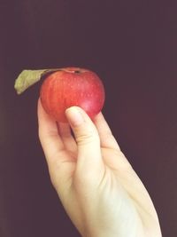 Close-up of hand holding apple against black background