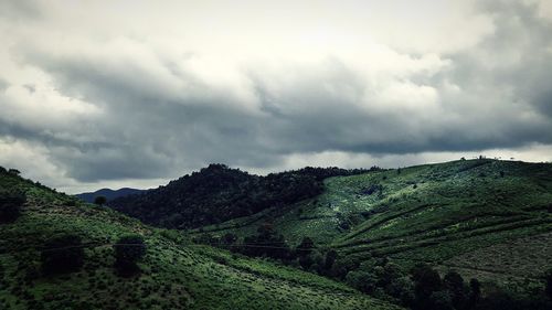 Scenic view of farm against sky