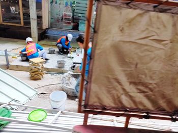 High angle view of people working at construction site