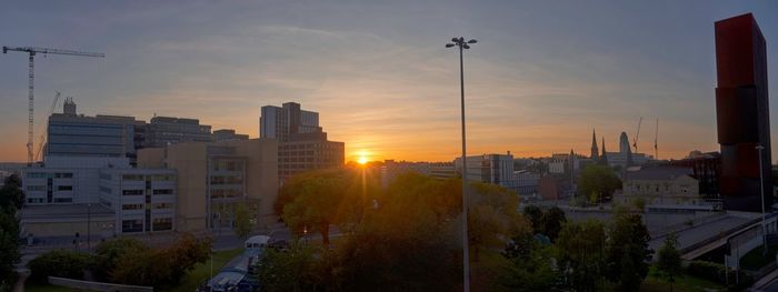 Panoramic view of buildings against sky during sunset