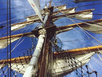 Low angle view of sailboat against blue sky
