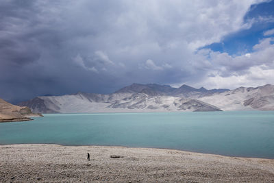 Scenic view of lake against cloudy sky