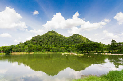 Scenic view of lake by trees against sky