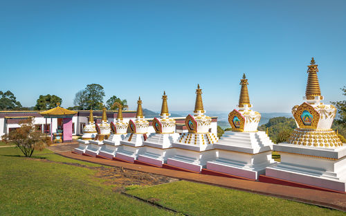 Low angle view of temple against clear blue sky