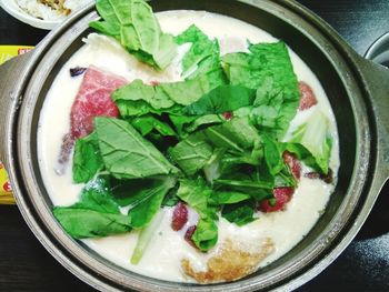 High angle view of salad in plate on table