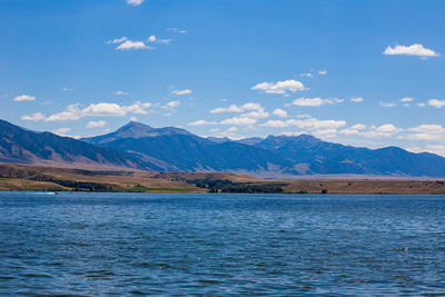 Scenic view of lake by mountains against sky