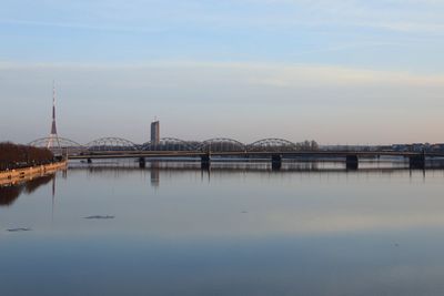 Bridge over river against sky during sunset