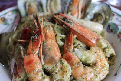 Close-up of prawn pasta on plate