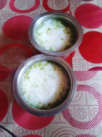 High angle view of soup in bowl