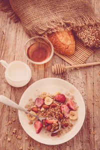 High angle view of breakfast served on table