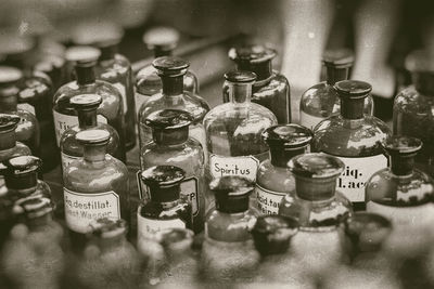 High angle view of various bottles on shelf