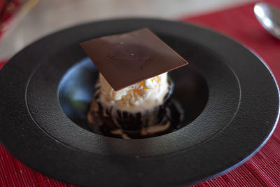 High angle view of dessert in plate on table