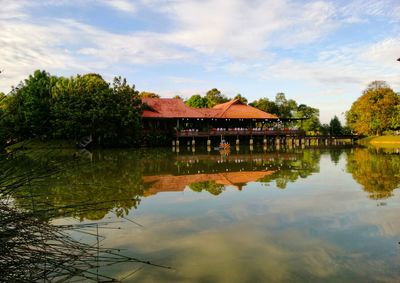 Scenic view of lake by building against sky