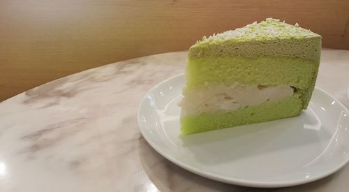 High angle view of cake in plate on table