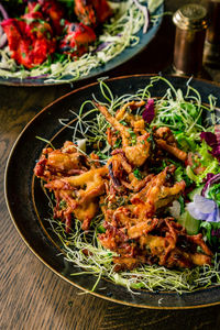 High angle view of food in plate