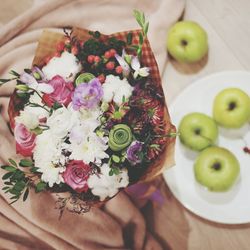 High angle view of apples on table