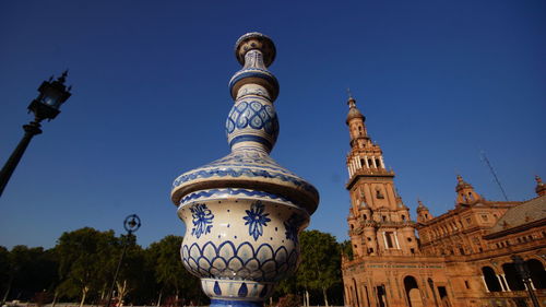 Low angle view of porcelain sculpture at plaza de espana against clear sky