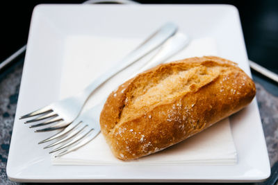 High angle view of bread in plate on table