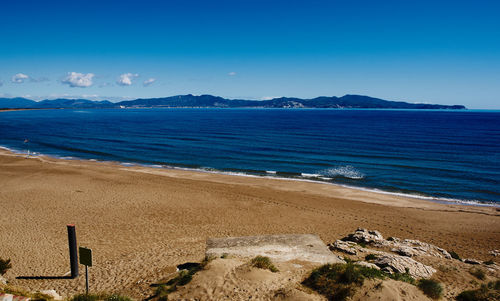 Scenic view of sea against clear blue sky