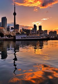 River and buildings against sky during sunset