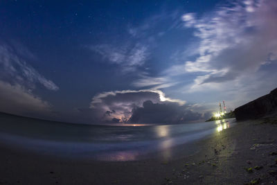 Fish-eye view of sea against sky at night