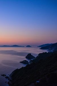 Scenic view of sea against clear sky at sunset
