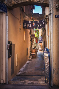 Narrow alley amidst buildings in city