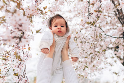 Portrait of cute baby girl with cherry blossom