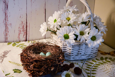 Close-up of christmas decorations on table