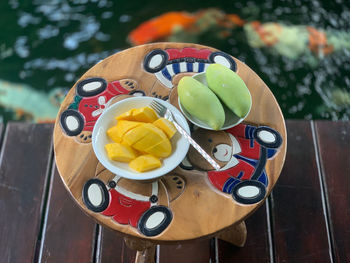 High angle view of drink on table