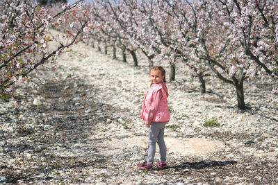 Full length of woman standing by cherry tree