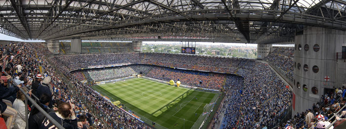 High angle view of people on soccer field