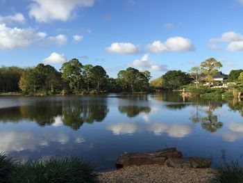 Scenic view of lake against cloudy sky