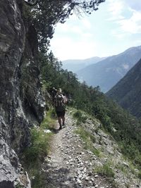 Rear view of people walking on mountain against sky