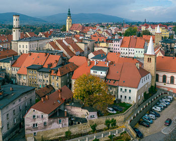 High angle view of buildings in town