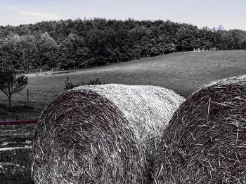 Hay bales on field against sky