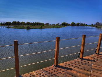 Scenic view of lake against clear blue sky