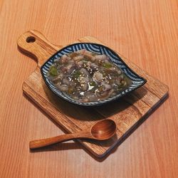 High angle view of soup in bowl on table