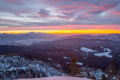 Scenic view of snowcapped mountains against sky during sunset