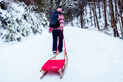 Rear view of person walking with sledge on snow covered field