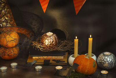 High angle view of various pumpkins on table