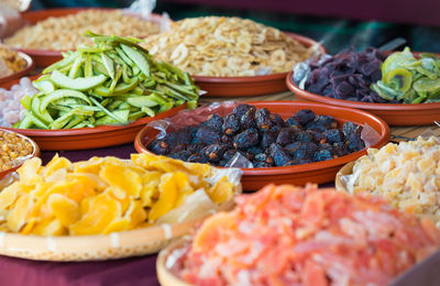 Close-up of food served on table