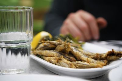 Close-up of food served on table