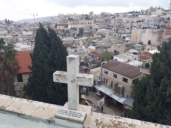 High angle view of townscape against sky in city