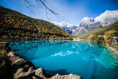 Scenic view of lake and mountains against blue sky