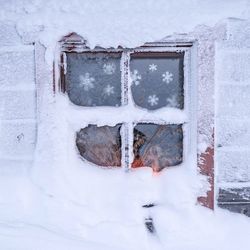 Close-up of window frame covered by snow