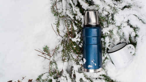 High angle view of beauty products on snow