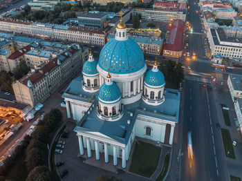 Close up aerial view on trinity cathedral in saint petersburg. blue dome with golden cross and stars