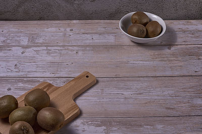 High angle view of bread on wooden table